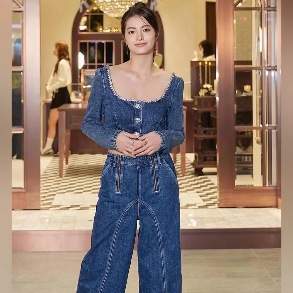 SELF-PORTRAIT Crystal-Embellished Denim Top Size 6 NWT - Picture 9 of 13